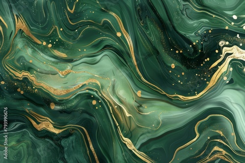Lush Emerald Marble Waves Caressed by Golden Accents in an Artful Embrace.