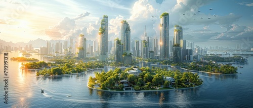 Panoramic view of a future citys waterfront, where amphibious vehicles transition between water and air, integrating with urban life
