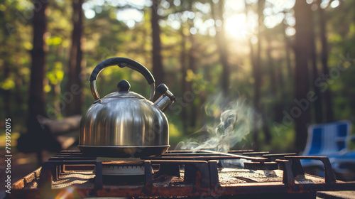Bule de chá em um fogão na floresta 