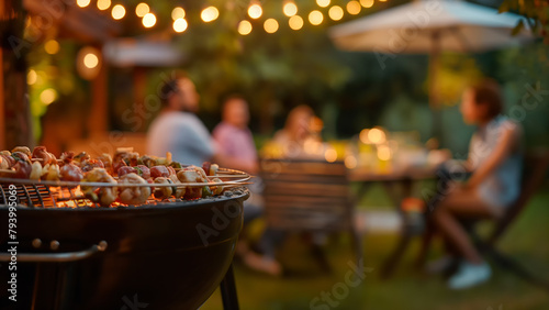 Grillabend oder Party mit Freunden im sommerlichen Garten, Grill belegt mit Fleisch und Gemüse. Freunde im Garten unscharf im Hintergrund