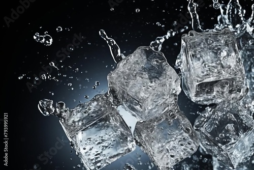 Macro shot of ice cubes creating a splash in a fizzy soda, with a crisp, clean background tailored for commercial beverage promotions