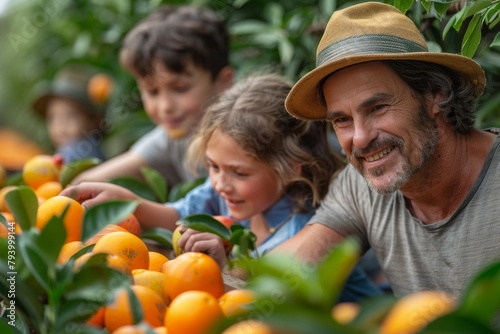Family enjoying a day out at a fruit orchard, with children and parents picking ripe fruits together