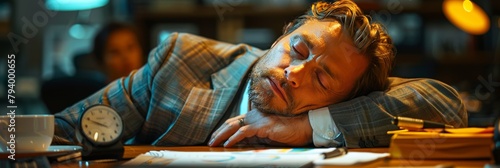 Moment of respite: tired man in formal attire takes a brief nap at his workplace desk