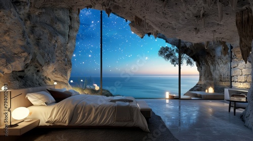A bedroom with a large window overlooking the ocean