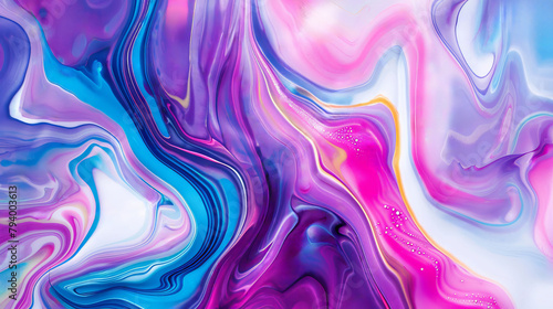 Vibrant hues of purple, azure, and pink create a liquid marble texture close up