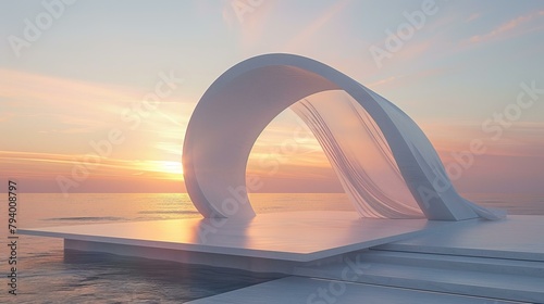 b'White curved sculpture on a platform over the sea at sunset'