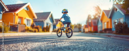 Little child riding on bike at small town in summer on sunset. Leisure activity concept.