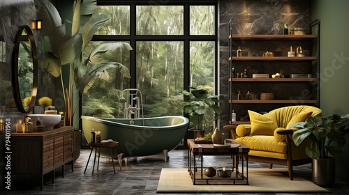 b'Modern bathroom interior with green bathtub and yellow armchair'