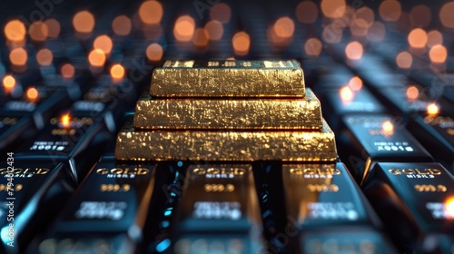Abstract concept of gold investment, showing gold bars forming a rising graph against a digital backdrop of stock market numbers