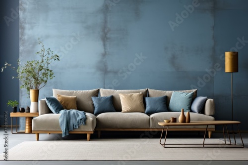 b'A Stylish and Modern Living Room With Blue Wall and Comfy Sofa'