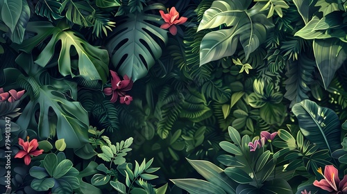 Vibrant and Lush Tropical Foliage Backdrop with Diverse Greenery,Exotic Plants,and Flourishing Natural Scenery