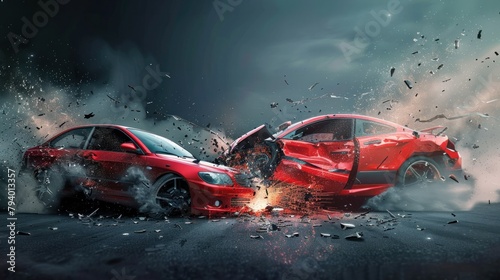Car accident and insurance concept with two cars crashing together on the road.