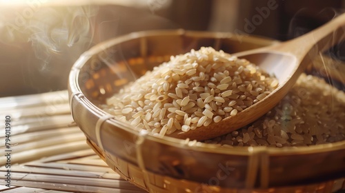 Macro image of Brown rice in a bamboo colander and a wooden spoon on a wooden background. A pile of brown rice. Backlit