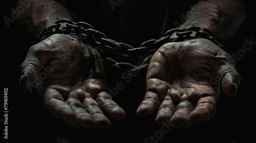 Male hands in chain handcuffs. Independence concept.