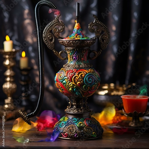 b'ornate colorful metal hookah with smoke and candles'