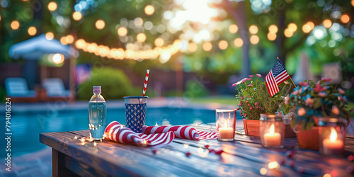 A traditionally laid dining table decorated with flowers near the pool. Beautiful glasses and porcelain dishes. The concept of celebrating U.S. Independence Day on July 4th.