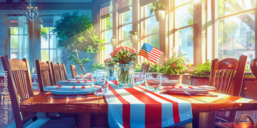 A table decorated with flowers and the national American flag. Beautiful glasses and porcelain dishes complement the atmosphere. This reflects the concept of celebrating U.S. Independence Day