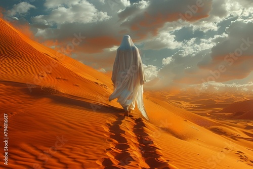b'A person walking alone in the desert'