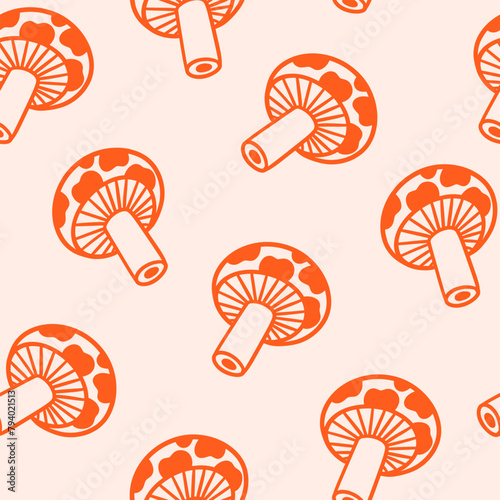 Mushroom seamless pattern. Hand drawn textured russula fungus doodle print for wrapping paper, textile, background. Abstract retro outline drawing pattern.