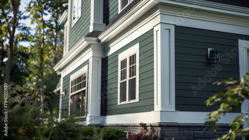 A quarter-angle view showing the contrast between the stark white trim and the deep forest green siding of a classic house.
