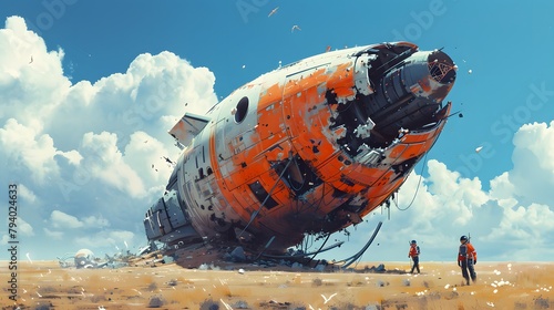 Two astronauts approach a colossal, crashed spacecraft in a desert, with birds circling under a cloud-filled sky, Digital art style, illustration painting.