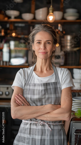 Smiling mature woman with grey hair proudly standing in front of her small business, wearing an apron