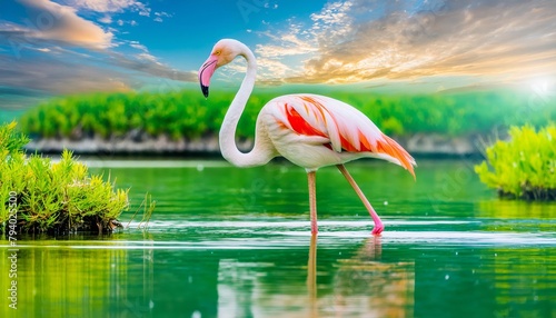 Flamingo Stand in The Water With Beautiful background Nature , generated by AI