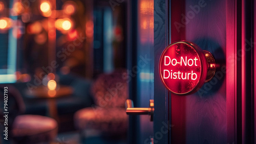 Close-up of a neon "Do Not Disturb" sign hanging on the doorknob of a chic hotel room.
