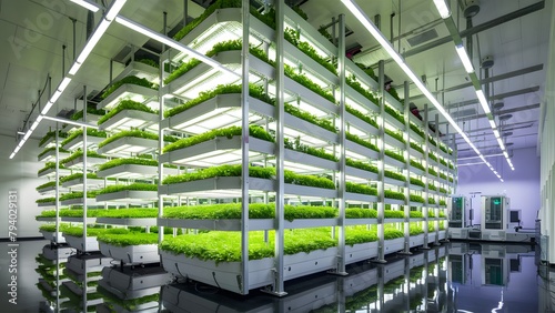 an advanced indoor vertical farming setup. Multiple racks are stacked vertically, with each level teeming with vibrant green plants.