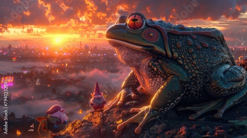 Mythical Giant Frog and Gnome Sidekicks Bask in Brilliant Sunset and NeonDrenched Cityscape