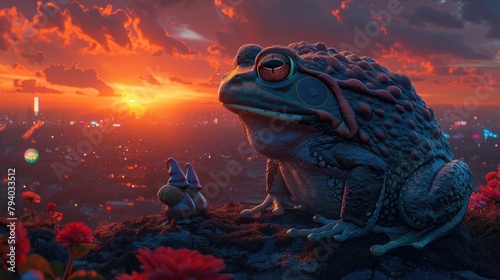 Mythical Giant Frog and Whimsical Gnome Sidekicks Bask in Brilliant Sunset and NeonDrenched Cityscape