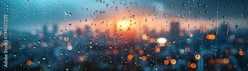 Raindrops falling on a window pane, blurred cityscape in the background during a storm, mood of contemplation and indoor comfort