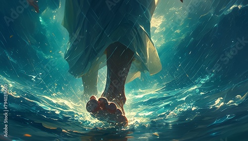 Jesus walks on water during storm at sea, waves ocean, miracle, 4k wallpaper, background, light, hope, religion culture，Miraculous Walk on the Stormy Sea - Abstract Vector Illustration for 4K Wallpape