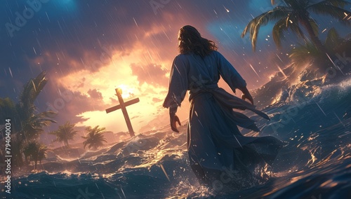 Jesus walks on water during storm at sea, waves ocean, miracle, 4k wallpaper, background, light, hope, religion culture，Miraculous Walk on the Stormy Sea - Abstract Vector Illustration for 4K Wallpape