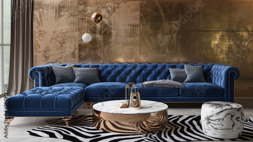 A panoramic view capturing the entire breadth of a living room with a cobalt blue velvet sofa, an elegant rose gold coffee table, 