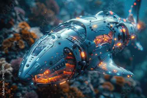An underwater scene featuring a robotic shark with sleek metal plating and neon lighting, patrolling a coral reef embedded with tech elements