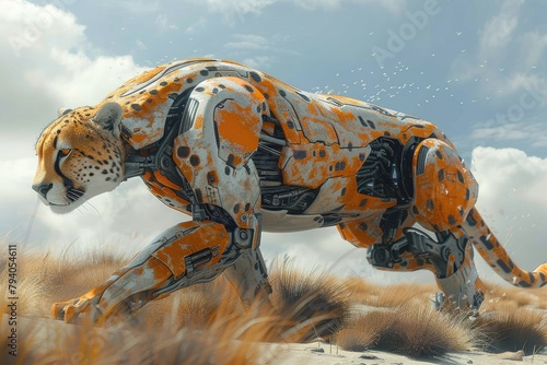 Mechanical cheetah patrolling a futuristic savannah, its sleek design optimized for high-speed pursuit
