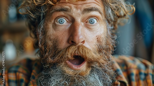 Portrait of a freak bearded shaggy surprised man with long hair in the barbershop with wide eyes and open mouth.