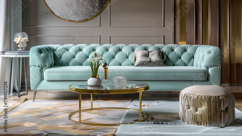 A stylish living room featuring a cool mint velvet sofa, sleek coffee table, and luxurious gold decor. The plush carpet and modern pouf enhance the room's opulence, showcased in stunning ultra HD.