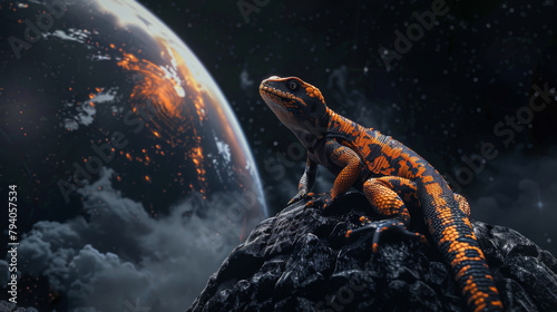 Stunning image of a lizard in vibrant orange and black, surrounded by a space background