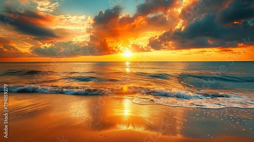 A golden sunset over the ocean, casting warm hues across the sky and reflecting on the sand of an empty beach. 