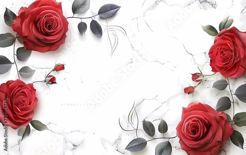 Wedding Invitation card template with beautiful and realistic red roses and flowers on white marble background. 