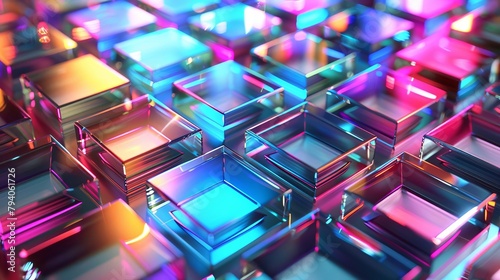 iridescent neon holographic glass squares with colorful light emitters abstract 3d background