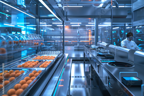 Detailed image of a biotech facility using CRISPR to develop hypoallergenic food products, showcasing gene editing tools and allergen testing 32k,