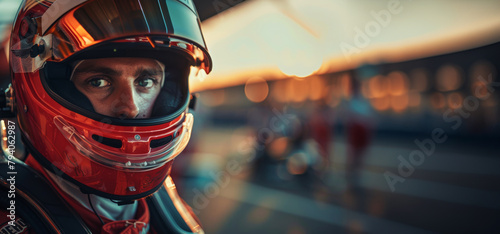 Racing driver with helmet focused on track