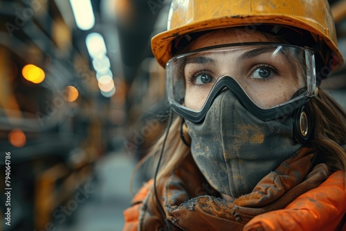 Visual guide depicting the proper use of ear protection and respirators in a noisy and dusty construction environment