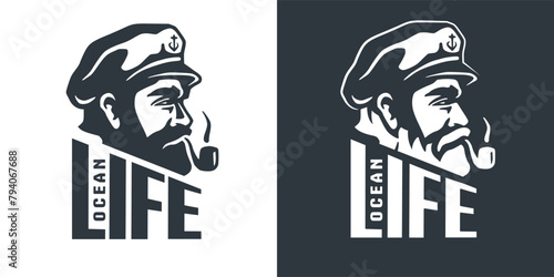 Nautical captain emblem illustrations with monochrome graphic designs for branding. Featuring a sailor man in a hat and pipe. Representing sea life. Maritime. Seafaring