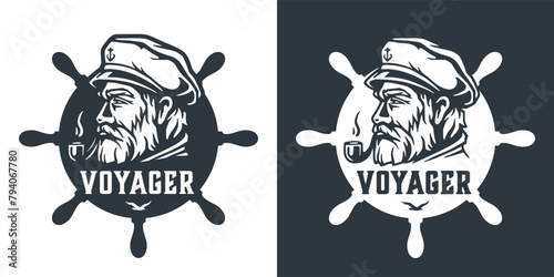 Emblem featuring a bearded captain wearing a sailor hat, set against a ship's wheel backdrop with the word voyager prominently displayed, evoking a strong nautical theme