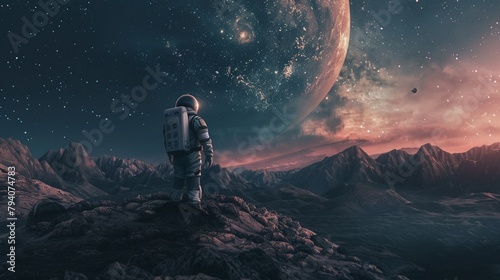 A lone astronaut on a distant planet stars above