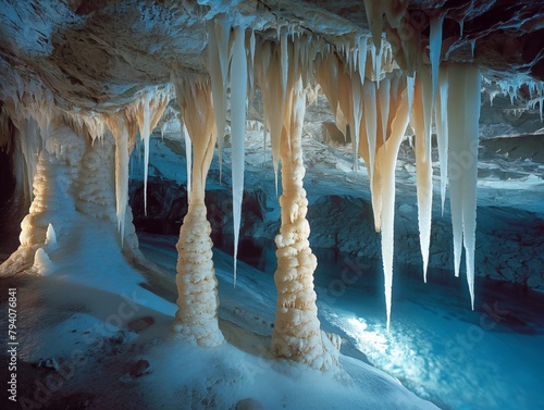 A cave with icicles hanging from the ceiling